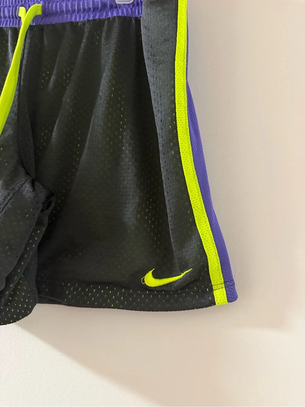 Nike Black Athletic Shorts with Purple Waistband and Neon Yellow Drawstring